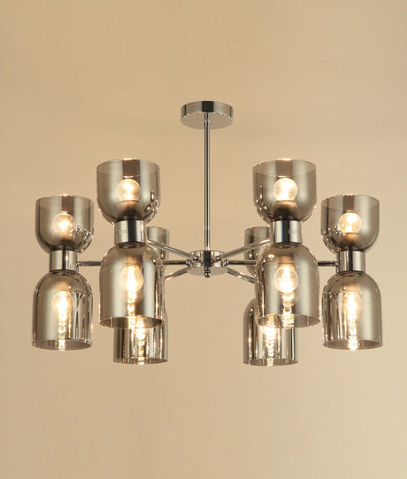 CLESSIDRA: Interior Mirror Finish Smokey Black / Opal Glass Ellipse x12 Round Base Pendant Lights