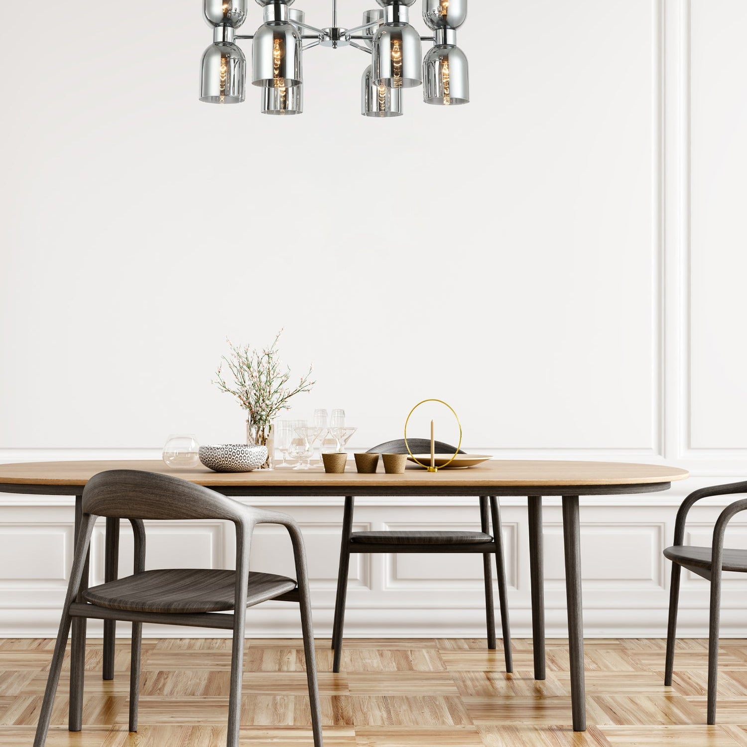 CLESSIDRA: Interior Mirror Finish Smokey Black / Opal Glass Ellipse x12 Round Base Pendant Lights
