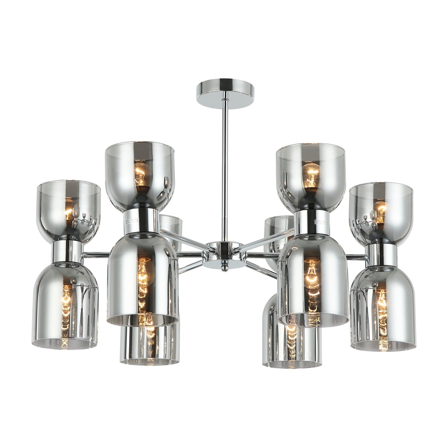 CLESSIDRA: Interior Mirror Finish Smokey Black / Opal Glass Ellipse x12 Round Base Pendant Lights