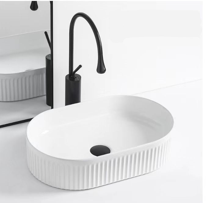 CORA 58 Counter-top Fluted Basin Gloss White (Oval: 580x365x115)