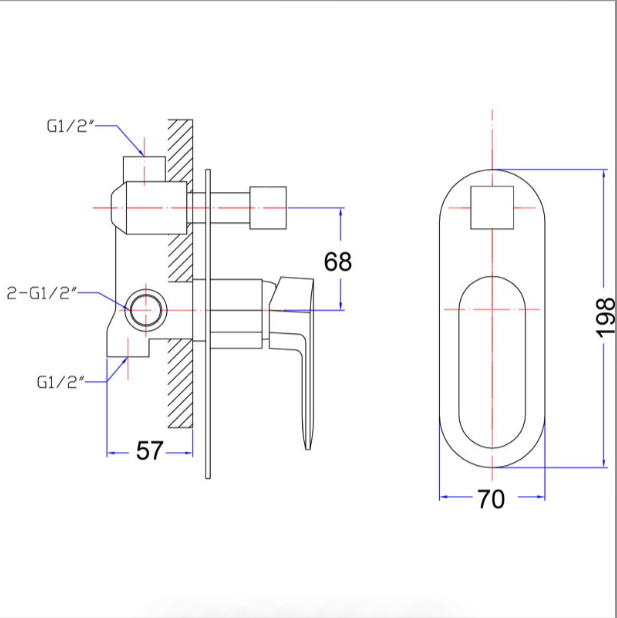 Cora Diverter Wall Mixer - Technical Drawing