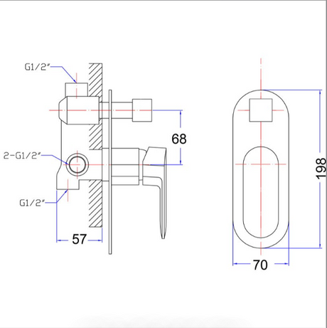 Cora Diverter Wall Mixer - Technical Drawing