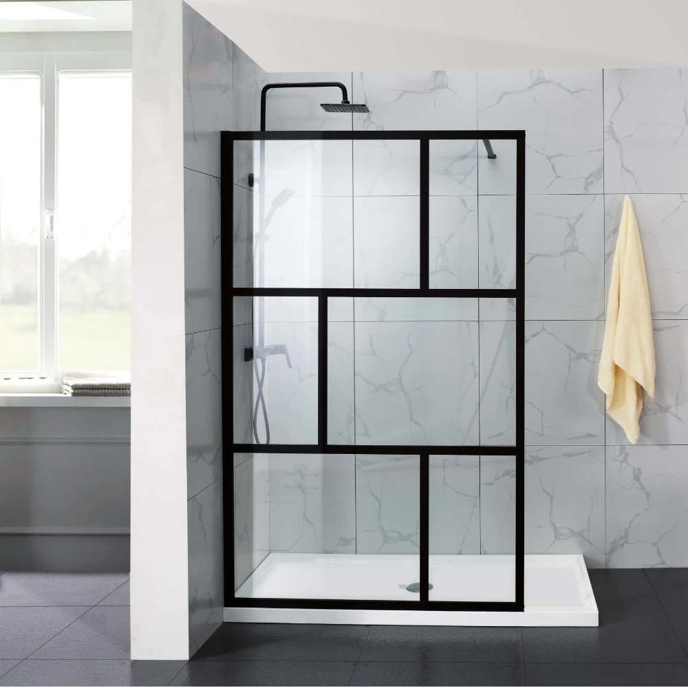 COVEY Framed 6 Printed Grills Walk-In Single Panel With Support Bar Shower Screen (Matte Black)