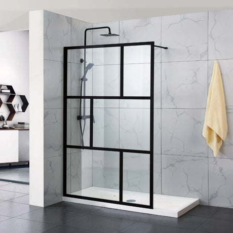 COVEY Framed 6 Printed Grills Walk-In Single Panel With Support Bar Shower Screen (Matte Black)