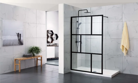 COVEY Framed 6 Printed Grills Walk-In Single Panel With Support Bar Shower Screen (Matte Black)