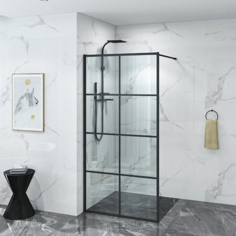 COVEY Framed 8 Printed Grills Walk-In Single Panel With Support Bar Shower Screen (Matte Black)