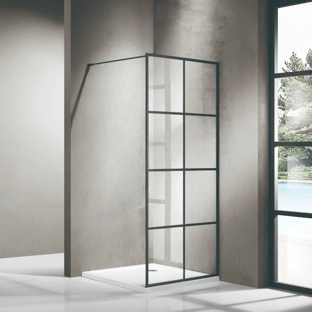 COVEY Framed 8 Printed Grills Walk-In Single Panel With Support Bar Shower Screen (Matte Black)