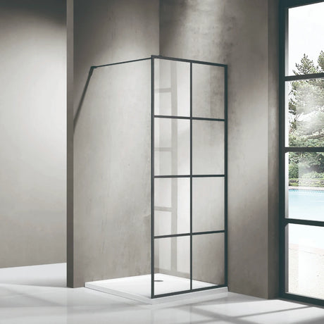 COVEY Framed 8 Printed Grills Walk-In Single Panel With Support Bar Shower Screen (Matte Black)