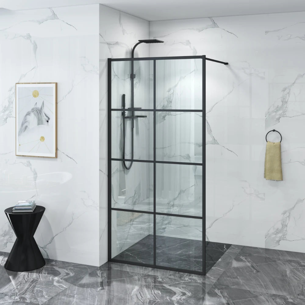 COVEY Framed 8 Printed Grills Walk-In Single Panel With Support Bar Shower Screen (Matte Black)