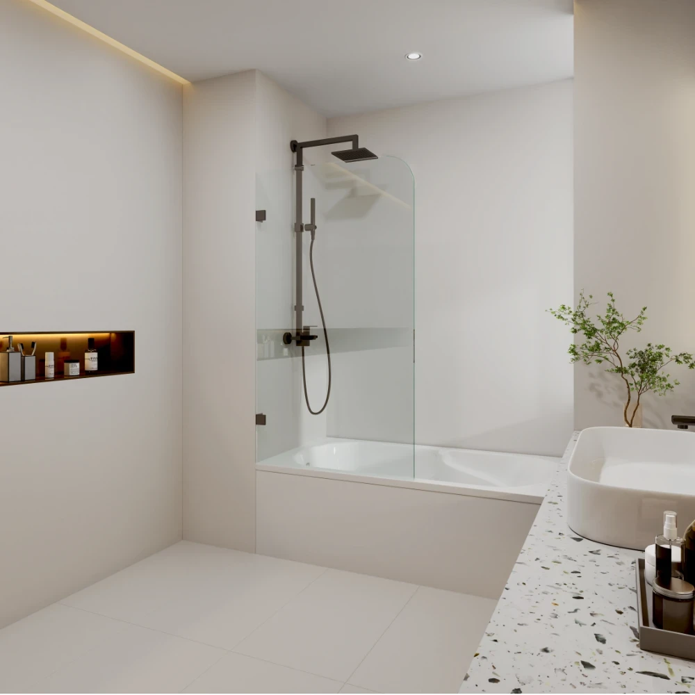 COVEY Frameless Fixed Panel Curved Corner Clear Bathtub Screen