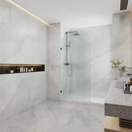 COVEY Frameless Walk-in Single Panel Top Arch Fluted/ Narrowline Glass Shower Screen