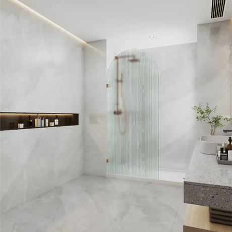 COVEY Frameless Walk-in Single Panel Top Arch Fluted/ Narrowline Glass Shower Screen