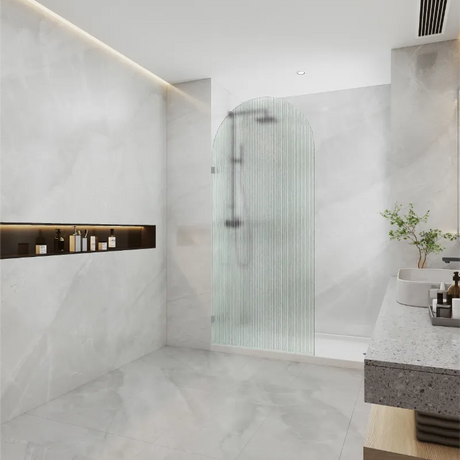 COVEY Frameless Walk-in Single Panel Top Arch Fluted/ Narrowline Glass Shower Screen