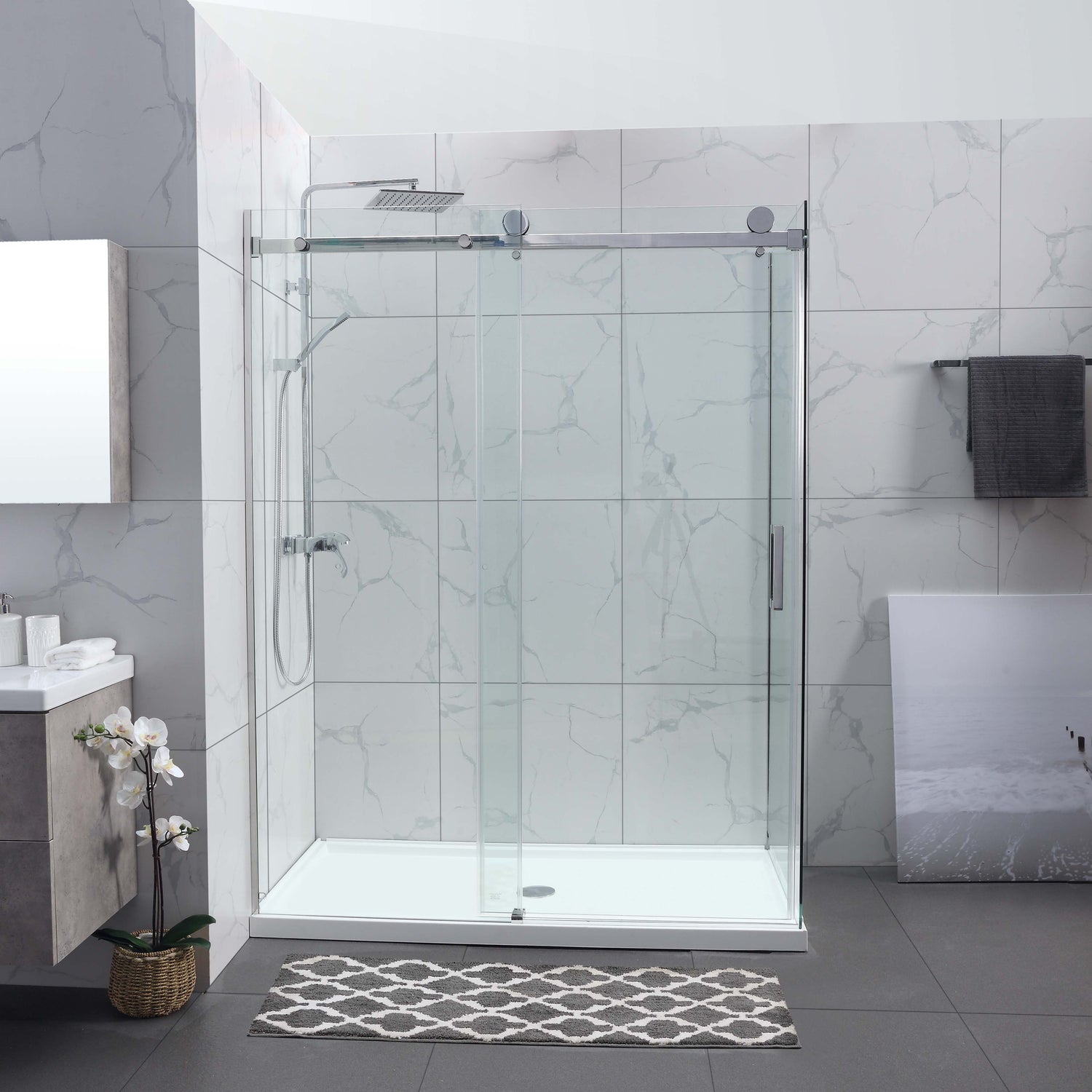 COVEY Wall To Wall Frameless Single Sliding Door Shower Screen Square Handle 1180 - 2000mm