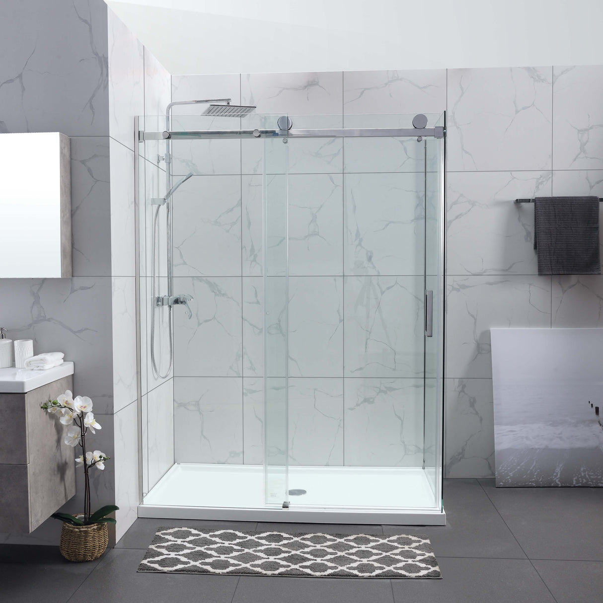 COVEY Wall To Wall Frameless Single Sliding Door Shower Screen Square Handle 1180 - 2000mm