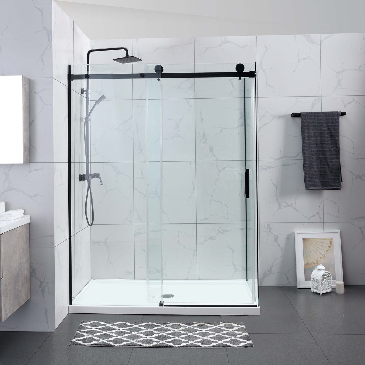 COVEY Wall To Wall Frameless Single Sliding Door Shower Screen Square Handle 1180 - 2000mm
