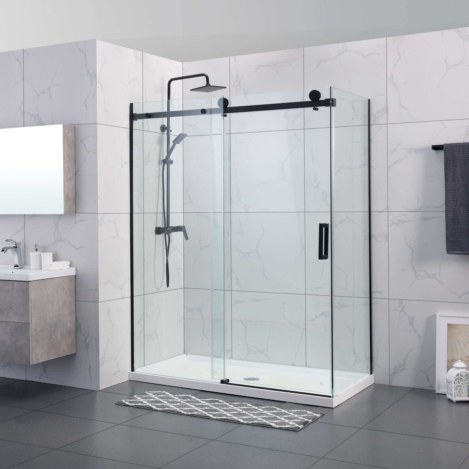 COVEY Wall To Wall Frameless Single Sliding Door Shower Screen Square Handle 1180 - 2000mm