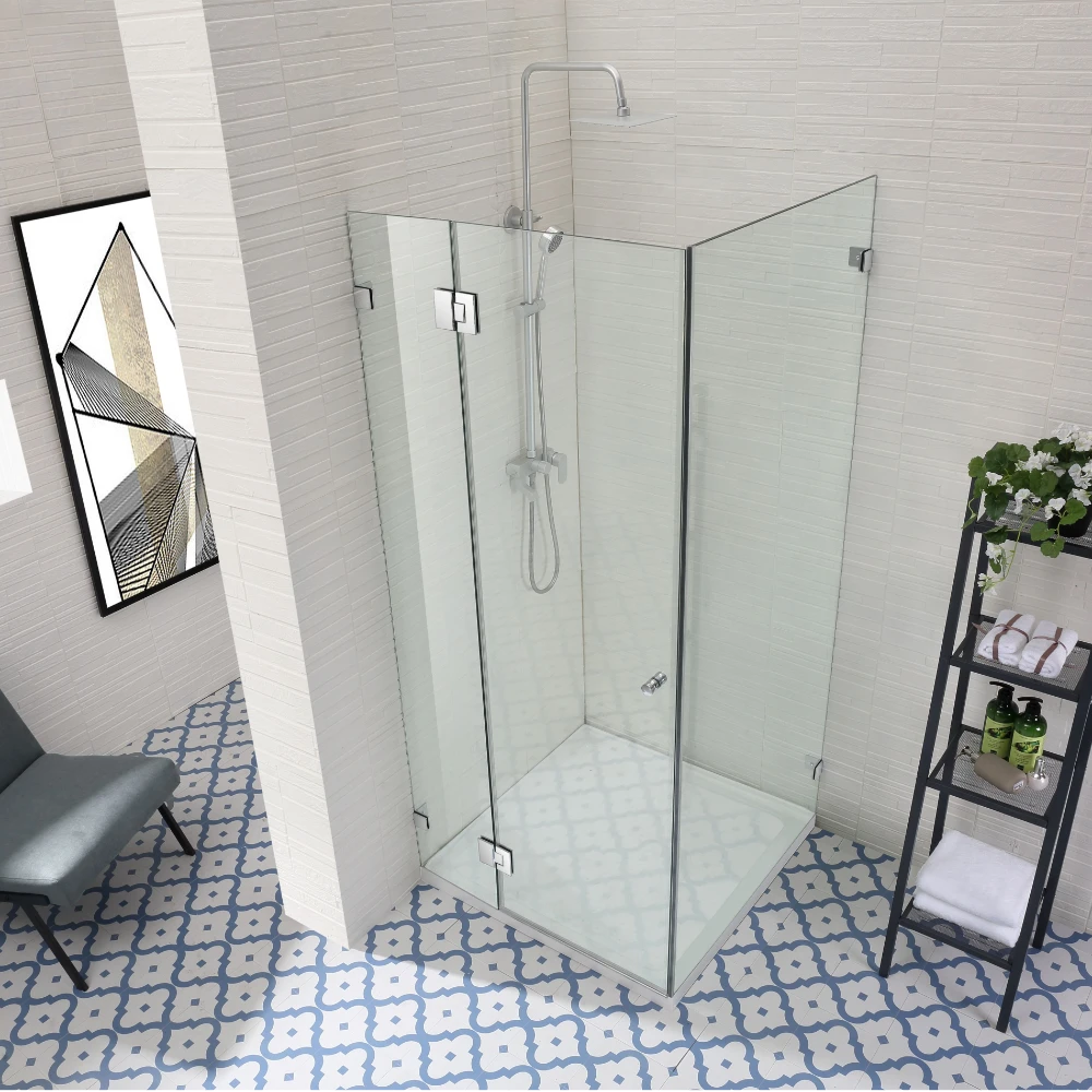 COVEY Wall To Wall L-Shape Square Frameless Pivot Hinge Door Shower Screen