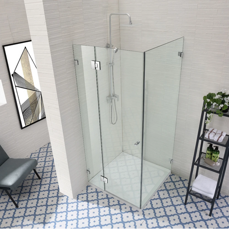 COVEY Wall To Wall L-Shape Square Frameless Pivot Hinge Door Shower Screen