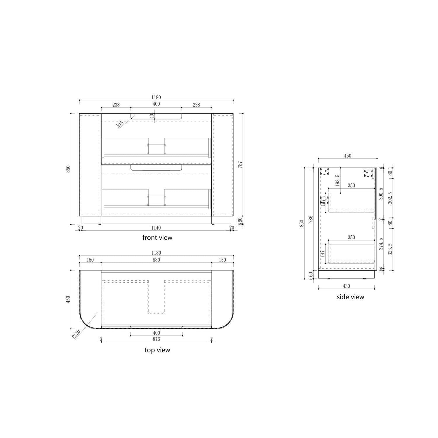 CURVA Floor Stading Curve Vanity Matte White (All Sizes) drawing-1200mm