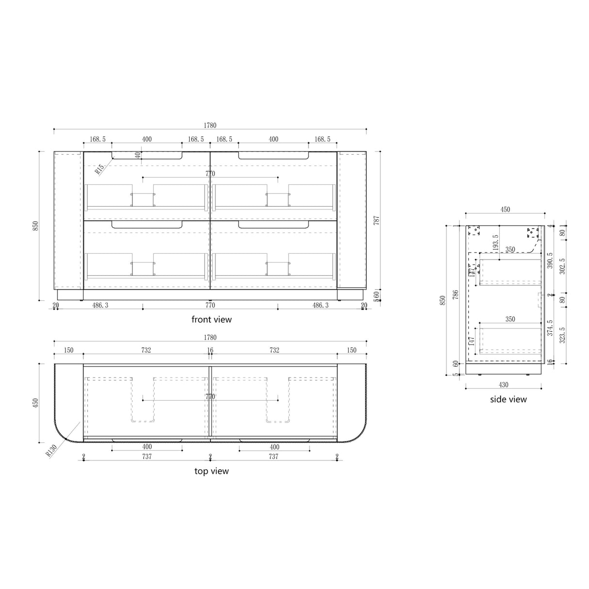 CURVA Floor Stading Curve Vanity Matte White (All Sizes) drawing 1800mm