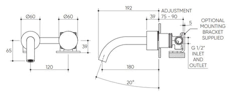 Cahya Wall Basin/Bath Progressive Mixer Set 180 Curved Spout Lead Free drawing