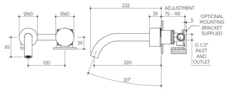 Cahya Wall Basin/Bath Progressive Mixer Set 220 Curved Spout Lead Free drawing