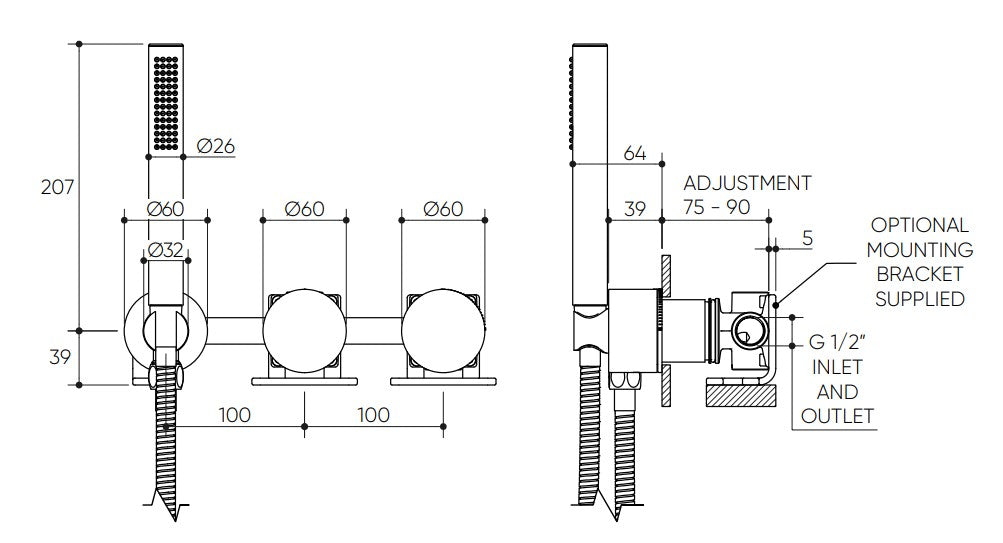 Cahya Wall Progressive Mixer with Diverter & Hand Shower Lead Free drawing