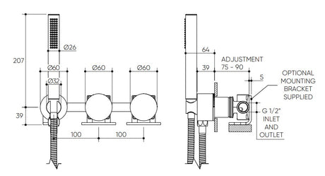Cahya Wall Progressive Mixer with Diverter & Hand Shower Lead Free drawing
