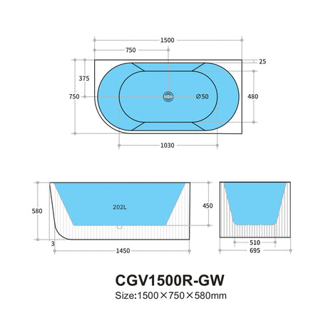 Capri Back to Wall Bathtub (LeftCorner/ Gloss White/Matte White) (1500/1700mm)
