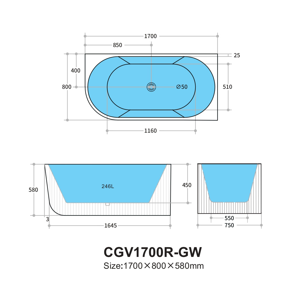 Capri Back to Wall Bathtub (LeftCorner/ Gloss White/Matte White) (1500/1700mm)