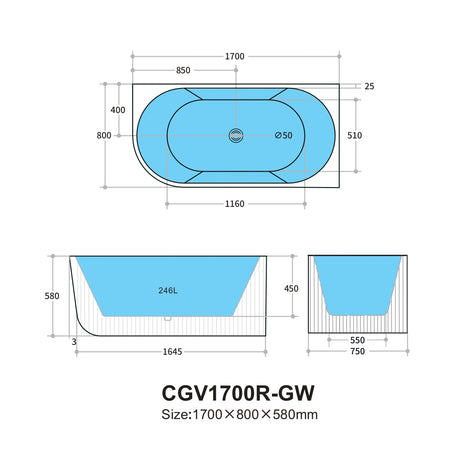 Capri Back to Wall Bathtub (LeftCorner/ Gloss White/Matte White) (1500/1700mm)