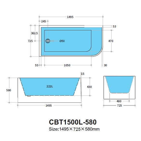 Casey Corner Back to Wall Bathtub with Non-Overflow (Left Corner/Matte White) (1500/1700mm)