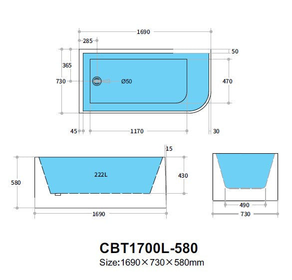 Casey Corner Back to Wall Bathtub with Non-Overflow (Left Corner/Matte White) (1500/1700mm)