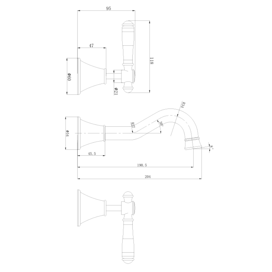 Clasico Bath Tap Set - Ceramic Handle Drawing