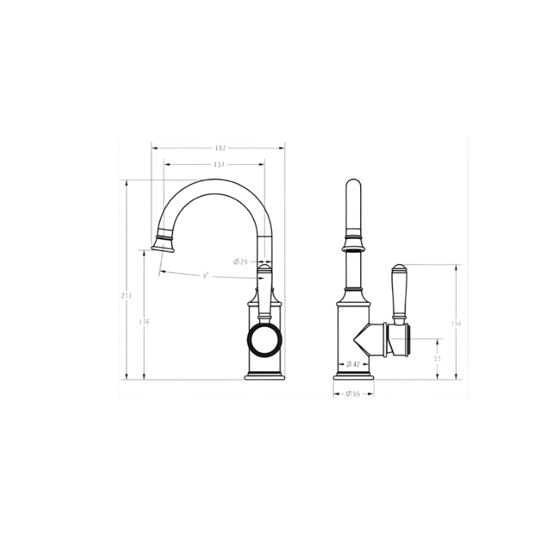 Clasico Goose Neck Ceramic Handle Basin Mixer HYB868-201A - Technical Drawing