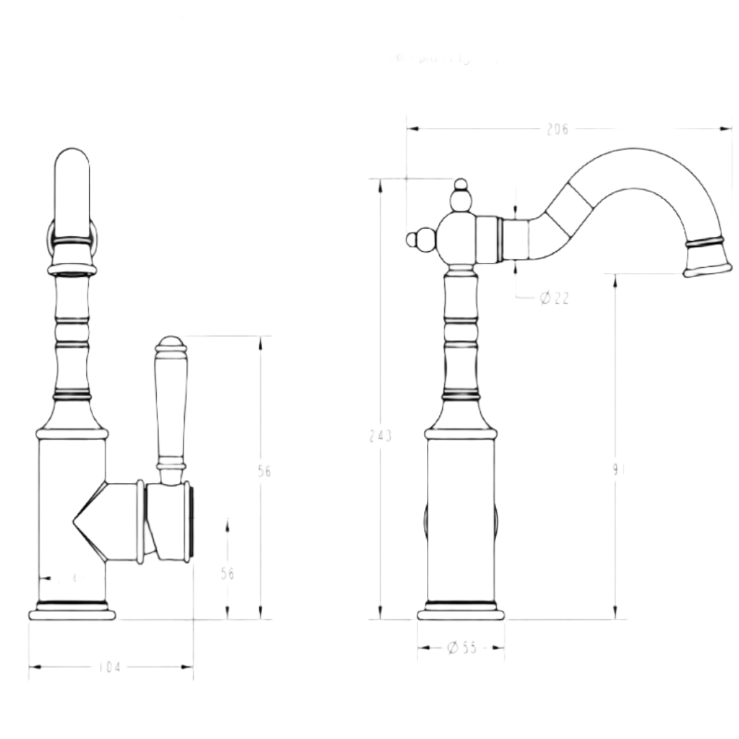 Clasico Goose Neck Ceramic Handle Basin Mixer HYB868-202A - Technical Drawing
