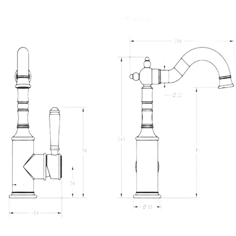 Clasico Goose Neck Ceramic Handle Basin Mixer HYB868-202A - Technical Drawing