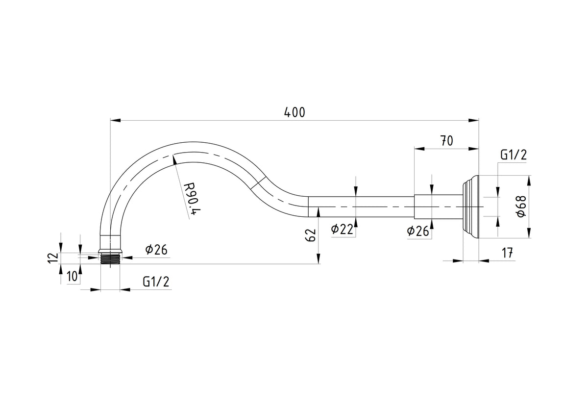 Clasico Shower Arm Horizontal 400mm Drawing