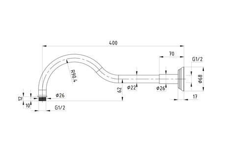 Clasico Shower Arm Horizontal 400mm Drawing