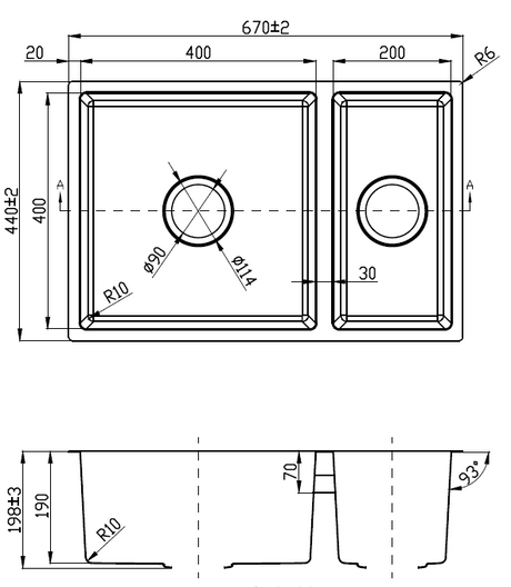 Cora 1 & 1 / 2 Bowl Undermount Sink 93 degree 670mm Drawing