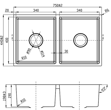 Cora Double Bowl Undermount Sink 93 degree 750mm Drawing