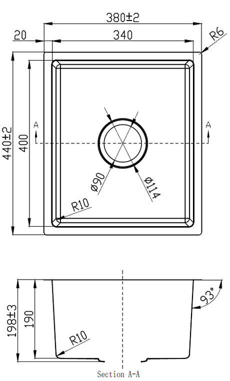 Cora Single Bowl Undermount Sink 93 degree 340mm Drawing