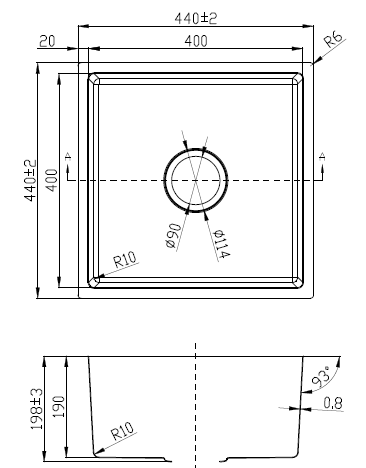 Cora Single bowl Undermount Sink 93 degree 400mm Drawing