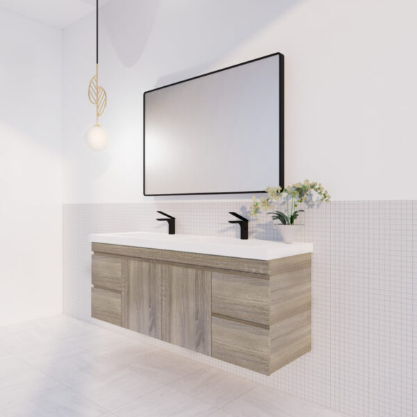 ABS DF Dark American Oak Double Bowl Wall Hung Vanity 1500mm - Clearance