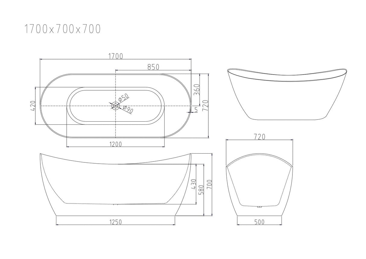 Opal White Freestanding Bathtub 1700mm - Overflow