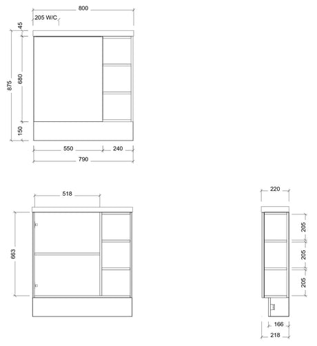 Timberline EADIE Space Saving Single Bowl Floor Standing Vanity (800mm) Drawing