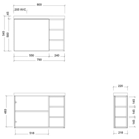 Timberline EADIE Space Saving Single Bowl Wall Hung Vanity (800mm) Drawing