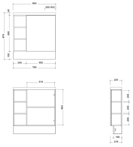 Timberline EADIE Space Saving Single Bowl Floor Standing Vanity (800mm) Drawing