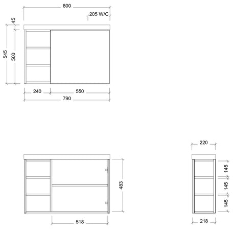 Timberline EADIE Space Saving Single Bowl Wall Hung Vanity (800mm) Drawing